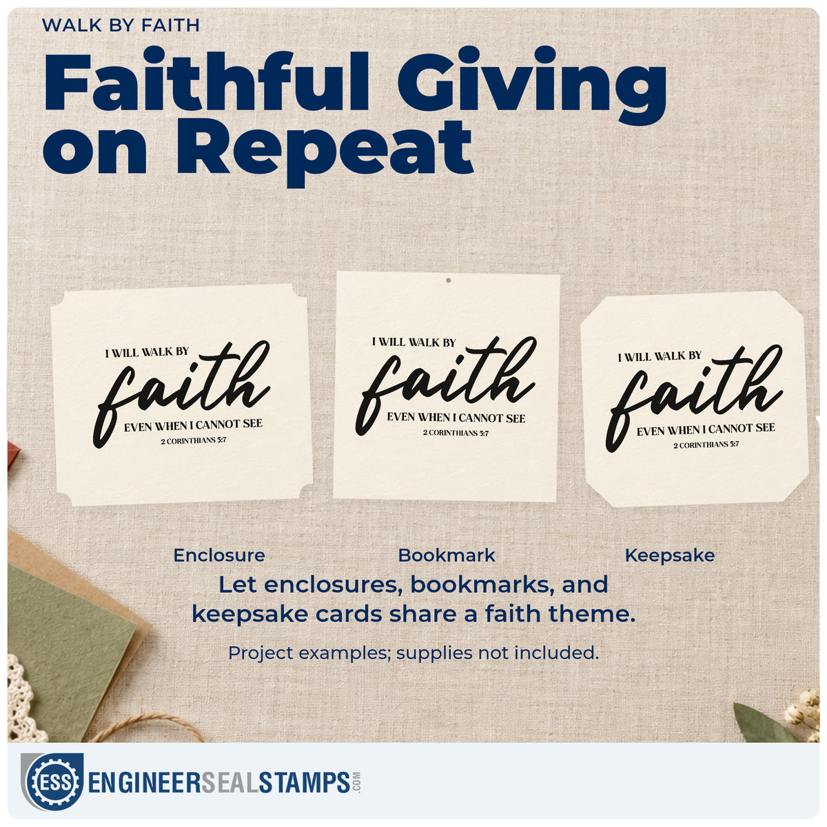 Three project examples made with the Walk By Faith Even When I Cannot See Frame Accent Compact Pre-Inked Stamp – Slim, including leap year scrapbooks.