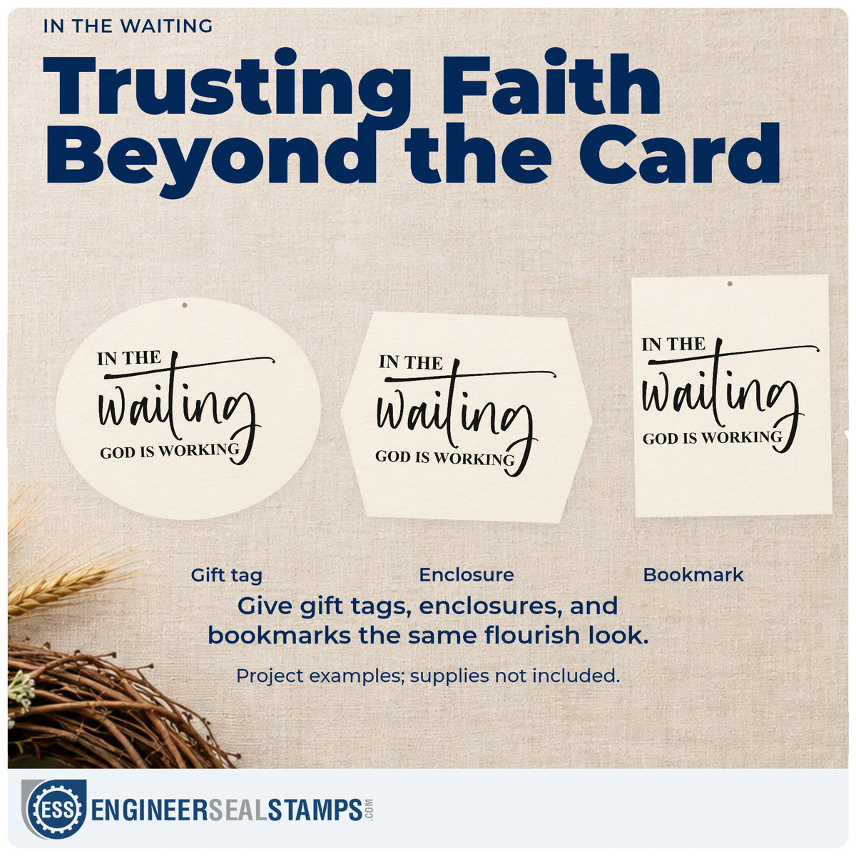 Three project examples made with the In The Waiting God Is Working Flourish Duo Hand Stamp, including before the answer pages.