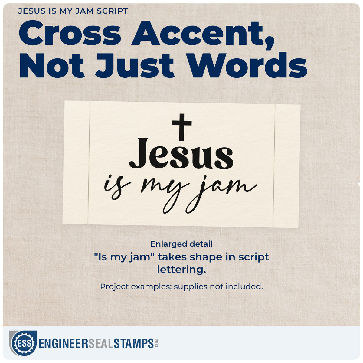 Enlarged detail of the Jesus Is My Jam Script Lettering Self-Inking Craft Stamp imprint. A small cross tops serif "Jesus" lettering and "Is my jam" script.