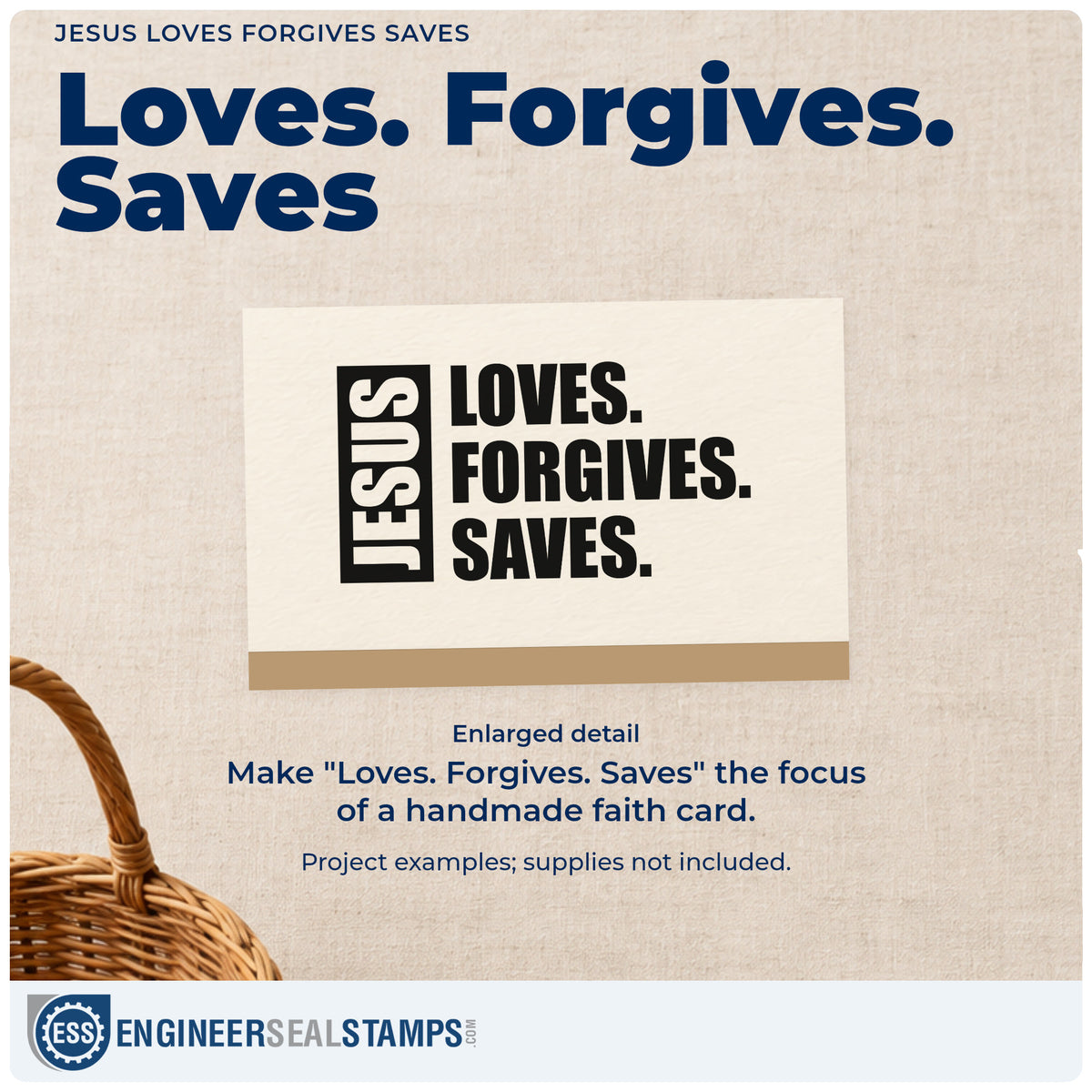 Enlarged detail of the Jesus Loves Forgives Saves Self-Inking Stamp imprint. Vertical white "Jesus" lettering in a dark rectangle sits beside stacked "Loves. Forgives. Saves."