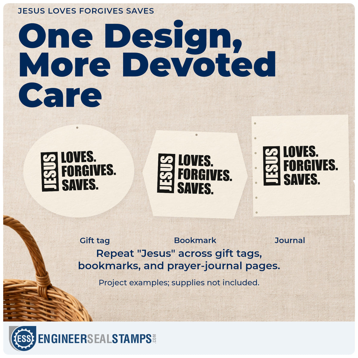 Three project examples made with the Jesus Loves Forgives Saves Hand Stamp – Duo, including faith milestone pages.