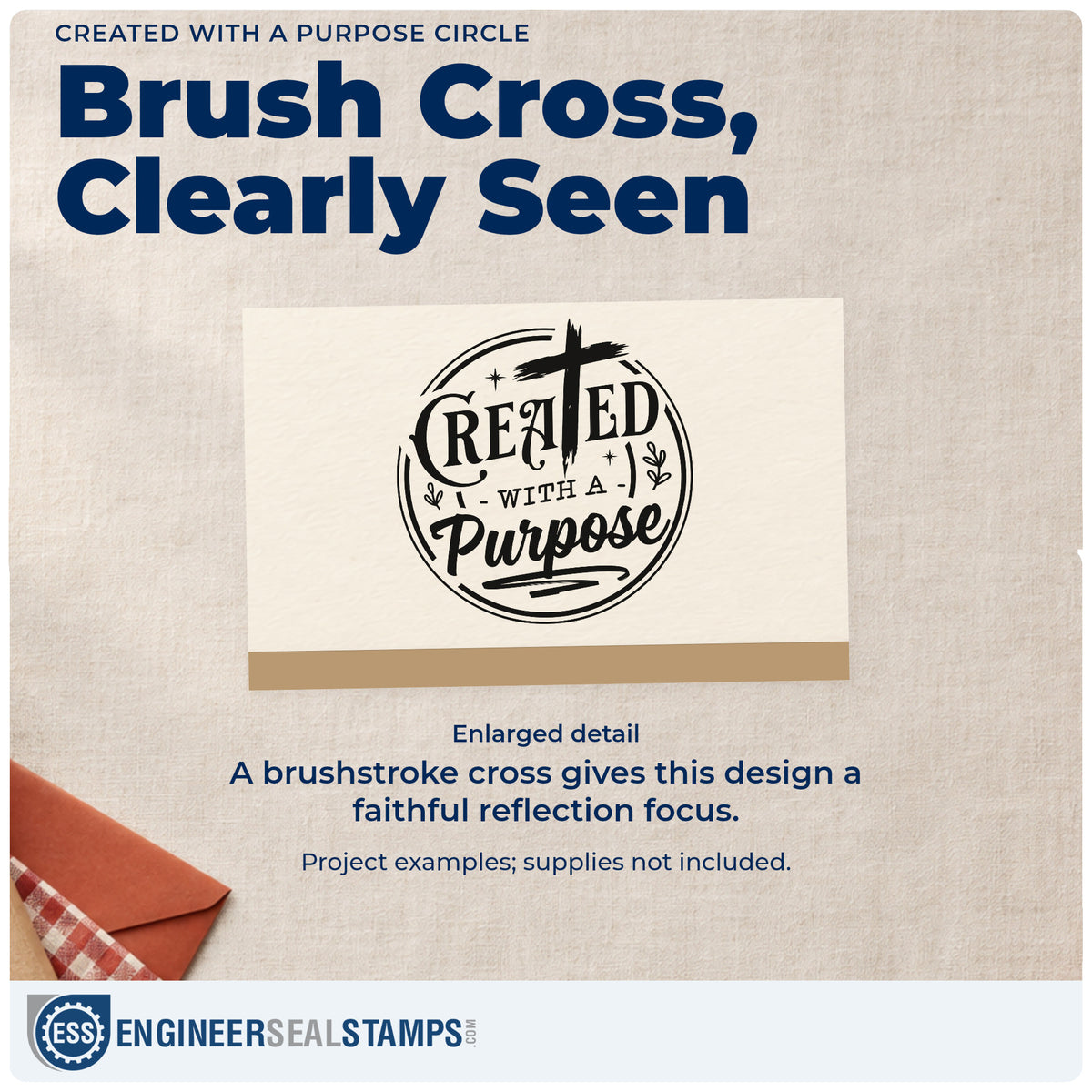 Enlarged detail of the Created With A Purpose Painted-Style Cross Slim Pre-Inked Stamp imprint. A brushstroke cross, small leaves, and sparkles accent "Created with a purpose" inside a loose circular border.