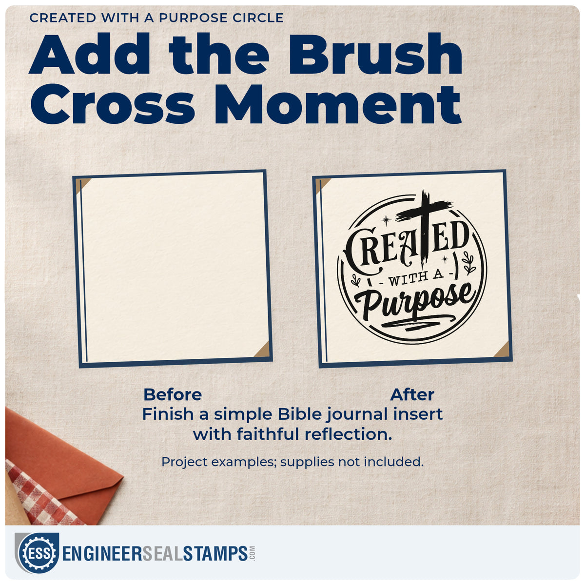 Before and after of a plain item finished with the Created With A Purpose Painted-Style Cross Stamp - Premium Vintage Pro Wooden, a quick upgrade for round label seals.