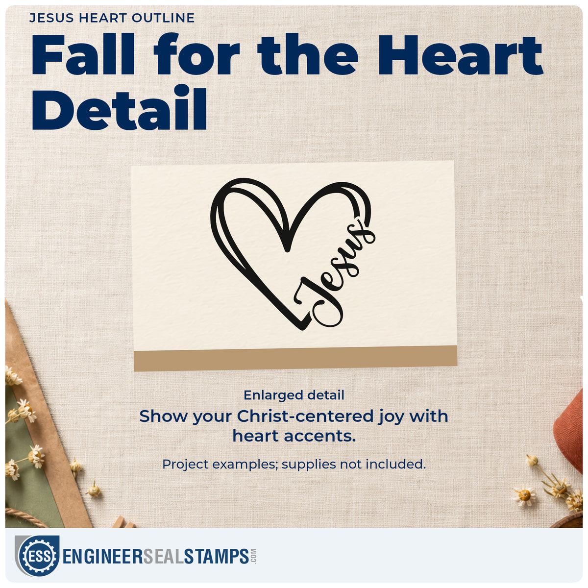 Enlarged detail of the Jesus Heart Outline Stamp – Self-Inking imprint. An outlined heart incorporates flowing "Jesus" lettering along its lower right edge.