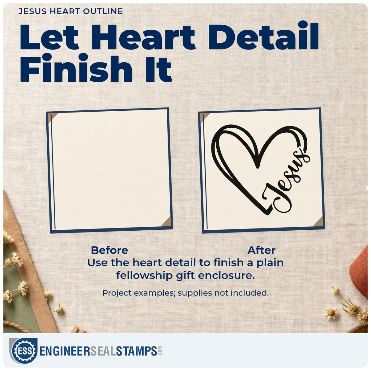 Before and after of a plain item finished with the Jesus Heart Outline Stamp – Self-Inking, a quick upgrade for nursing home cards.
