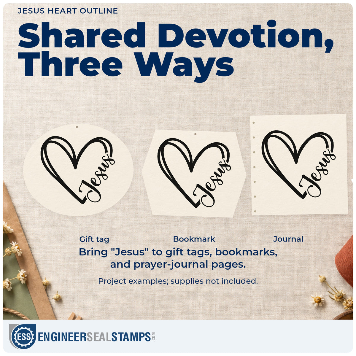 Three project examples made with the Jesus Heart Outline Stamp – Self-Inking, including love photo pages.