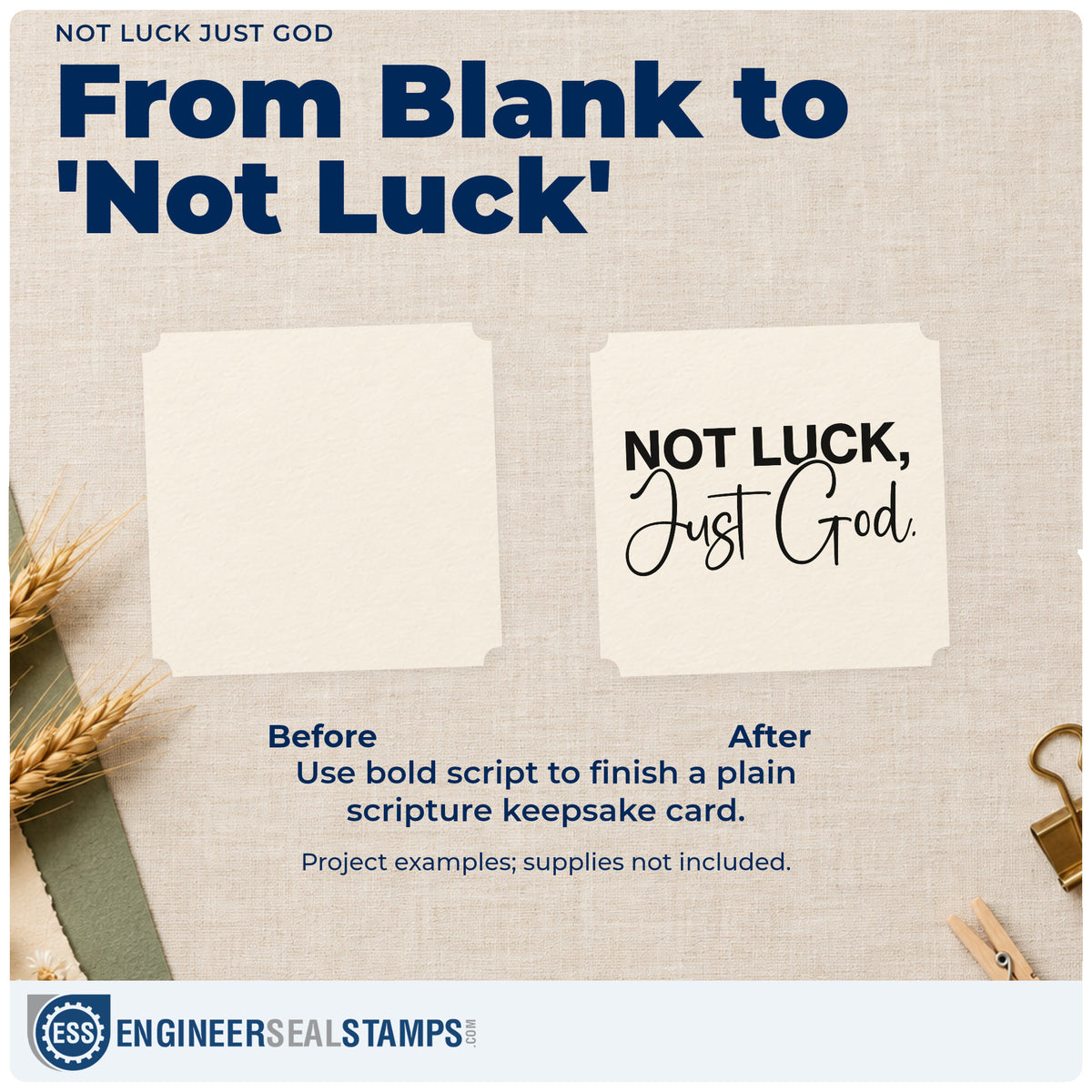 Before and after of a plain item finished with the Not Luck Just God Script Lettering Self-Inking Stamp, a quick upgrade for st. patrick's faith cards.