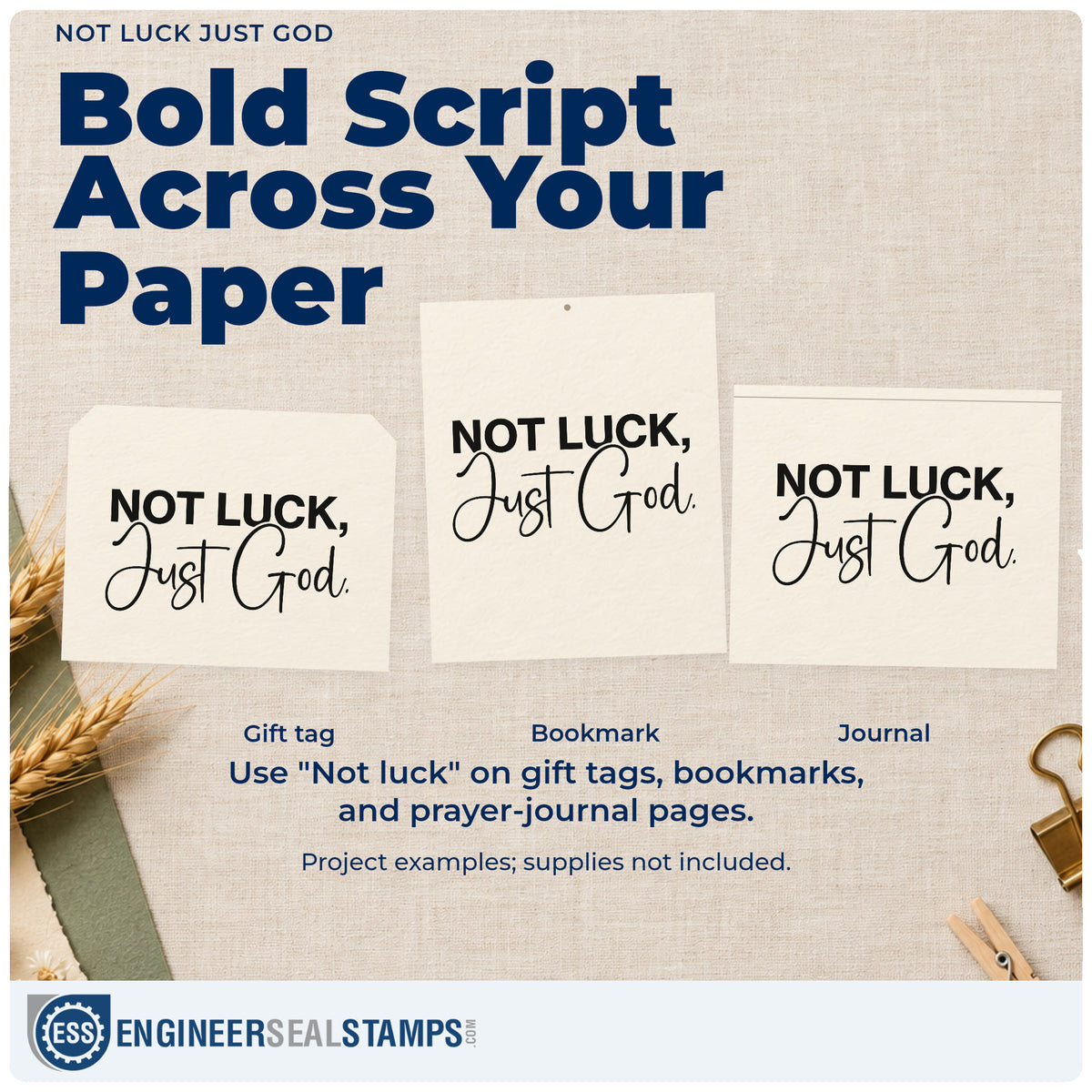 Three project examples made with the Not Luck Just God Script Lettering Slim Pre-Inked Stamp, including blessing scrapbooks.