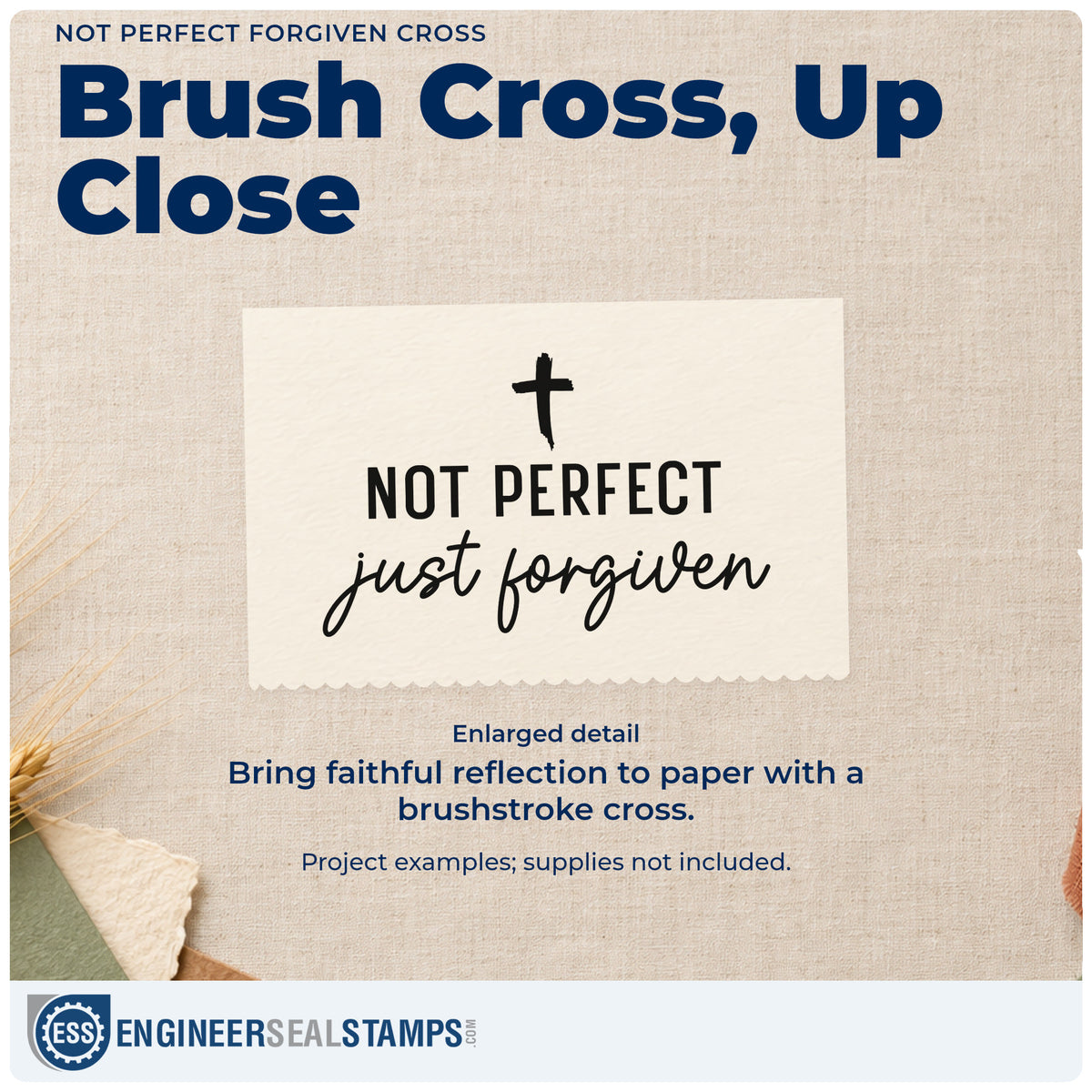 Enlarged detail of the Not Perfect Just Forgiven Cross Rubber Stamp – Wood Handle imprint. A small brushstroke cross tops "Not perfect" and "Just forgiven" script.