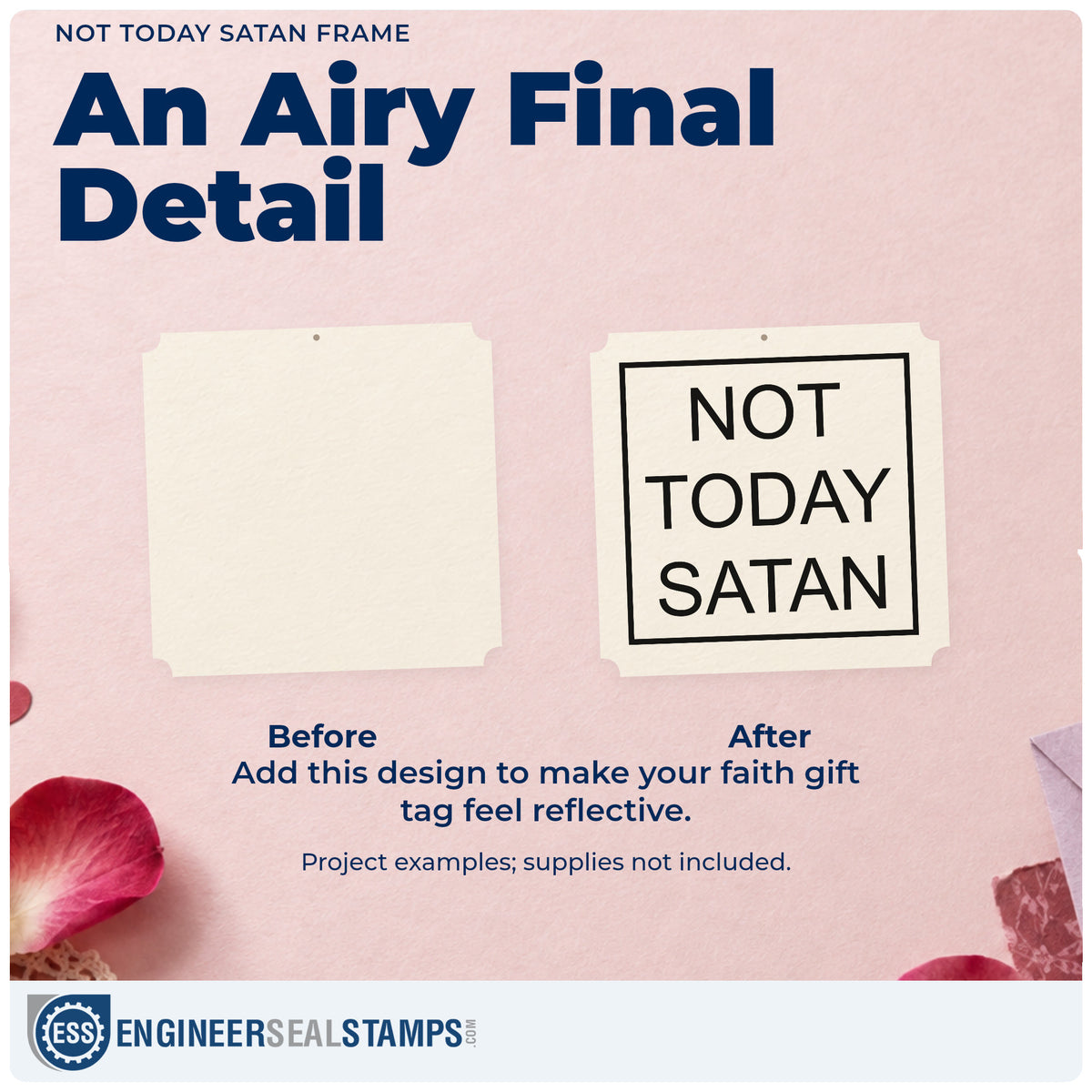Before and after of a plain item finished with the Not Today Satan Framed Lettering Rubber Stamp – Duo Hand, a quick upgrade for coffee gift tags.