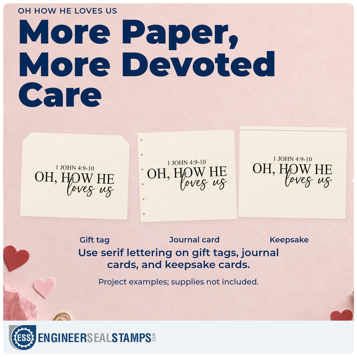 Three project examples made with the Oh How He Loves Us Rubber Stamp – Wood Handle, including worship photo pages.