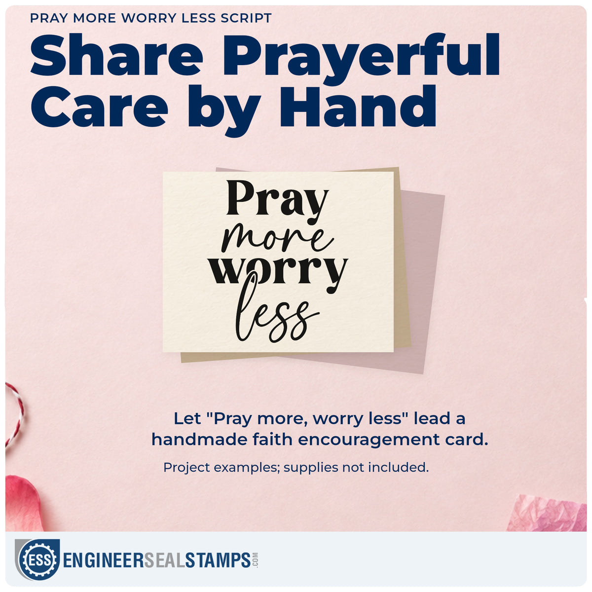 A finished handmade project stamped with the Pray More Worry Less Script Duo Hand Stamp, ideal for kitchen wall art.