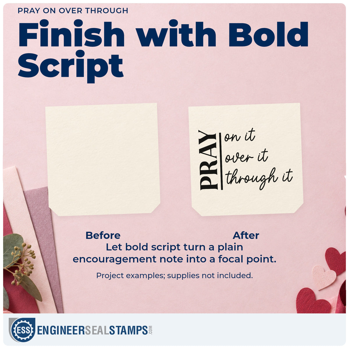 Before and after of a plain item finished with the Pray On It Over It Through It Pre-Inked Stamp – Slim, a quick upgrade for men's ministry notes.