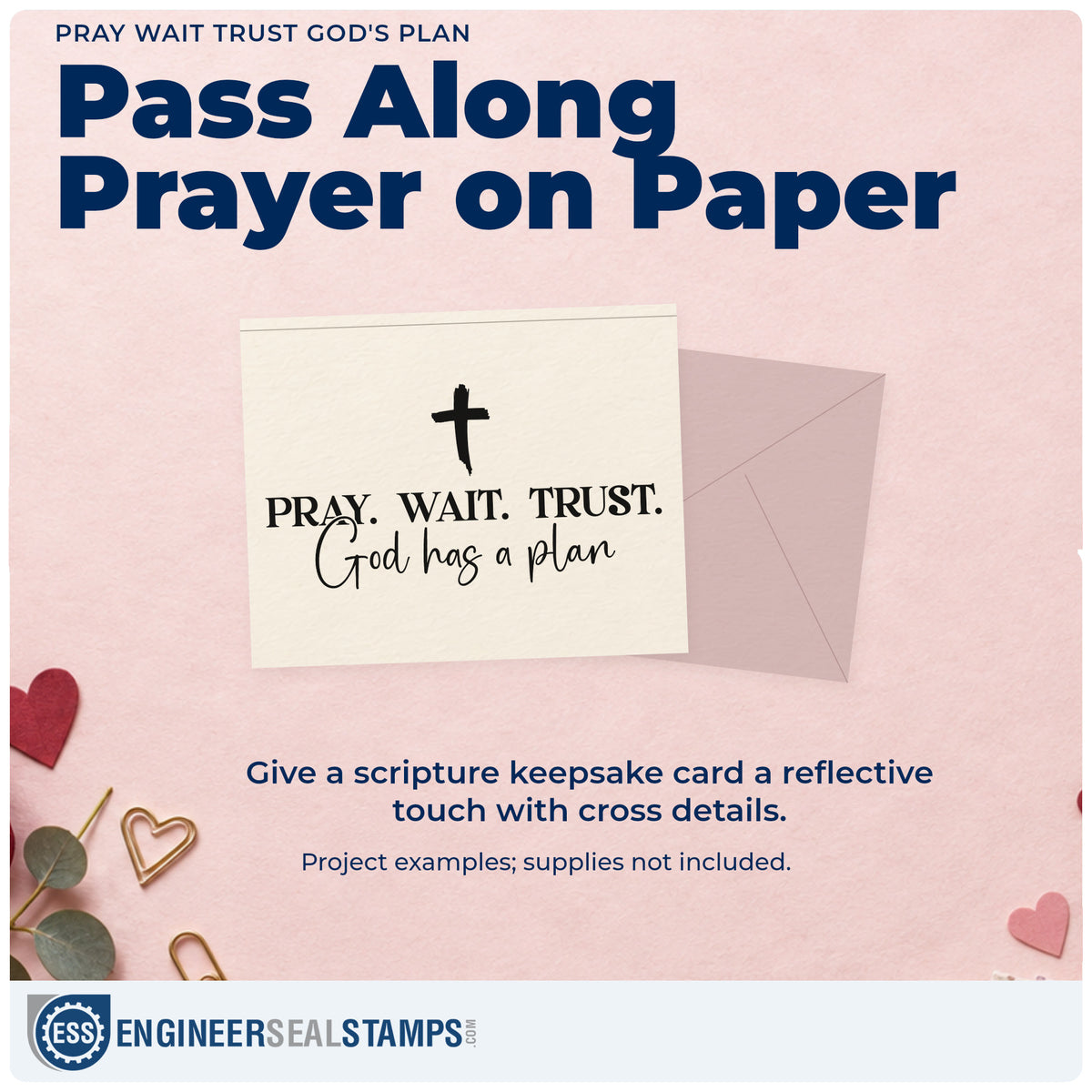 A finished handmade project stamped with the Self-Inking Pray Wait Trust God's Plan With Cross Stamp, ideal for job search notes.