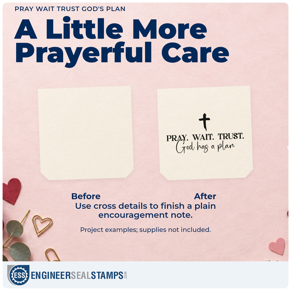 Before and after of a plain item finished with the Pray Wait Trust God's Plan With Cross Rubber Stamp – Wood Handle, a quick upgrade for planner cover stamping.