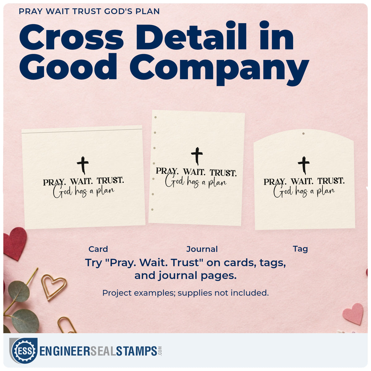 Three project examples made with the Pray Wait Trust God's Plan With Cross Pre-Inked Stamp – PSI, including waiting season pages.