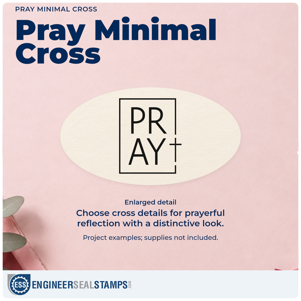 Enlarged detail of the Pray Minimal Cross Rubber Stamp – Duo Hand imprint. The letters of "Pray" are stacked in a tall rectangular outline with a cross at the right.