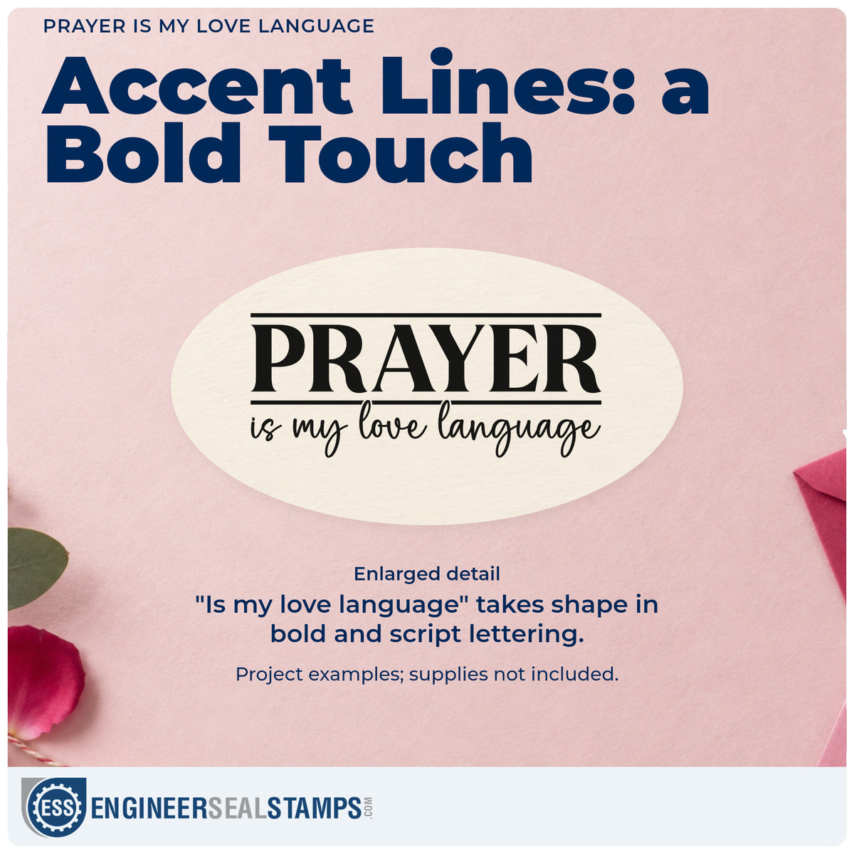 Enlarged detail of the Prayer Is My Love Language Frame Accent Self-Inking Stamp imprint. Horizontal rules frame bold "Prayer," with "Is my love language" in script below.