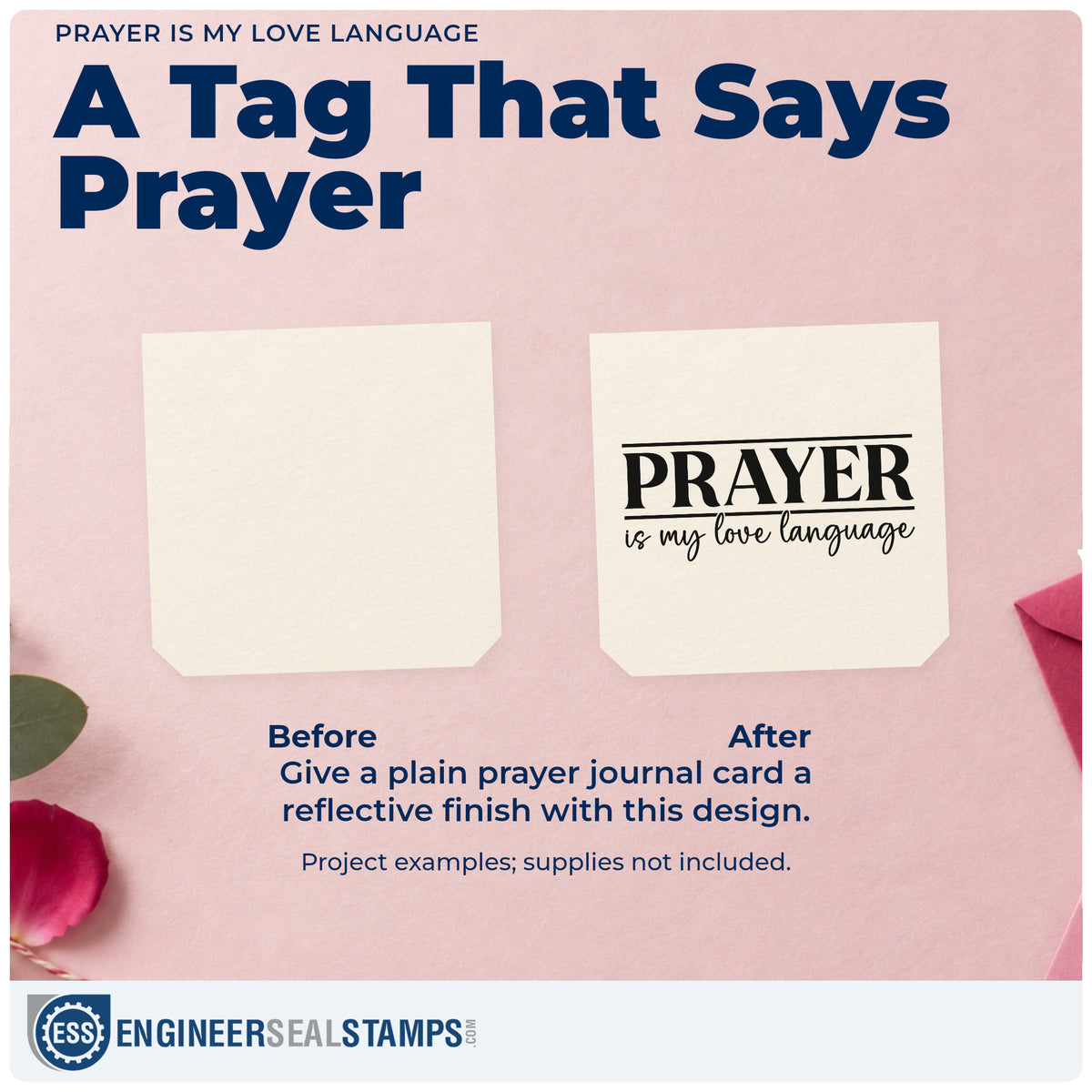 Before and after of a plain item finished with the Duo Hand Prayer Is My Love Language Frame Accent Rubber Stamp, a quick upgrade for journal cover stamping.