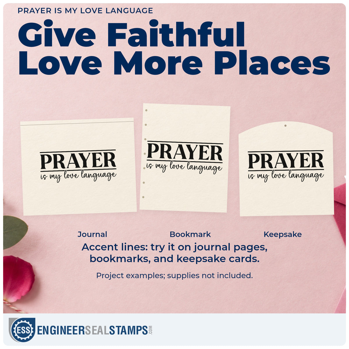 Three project examples made with the Duo Hand Prayer Is My Love Language Frame Accent Rubber Stamp, including prayer team tees.