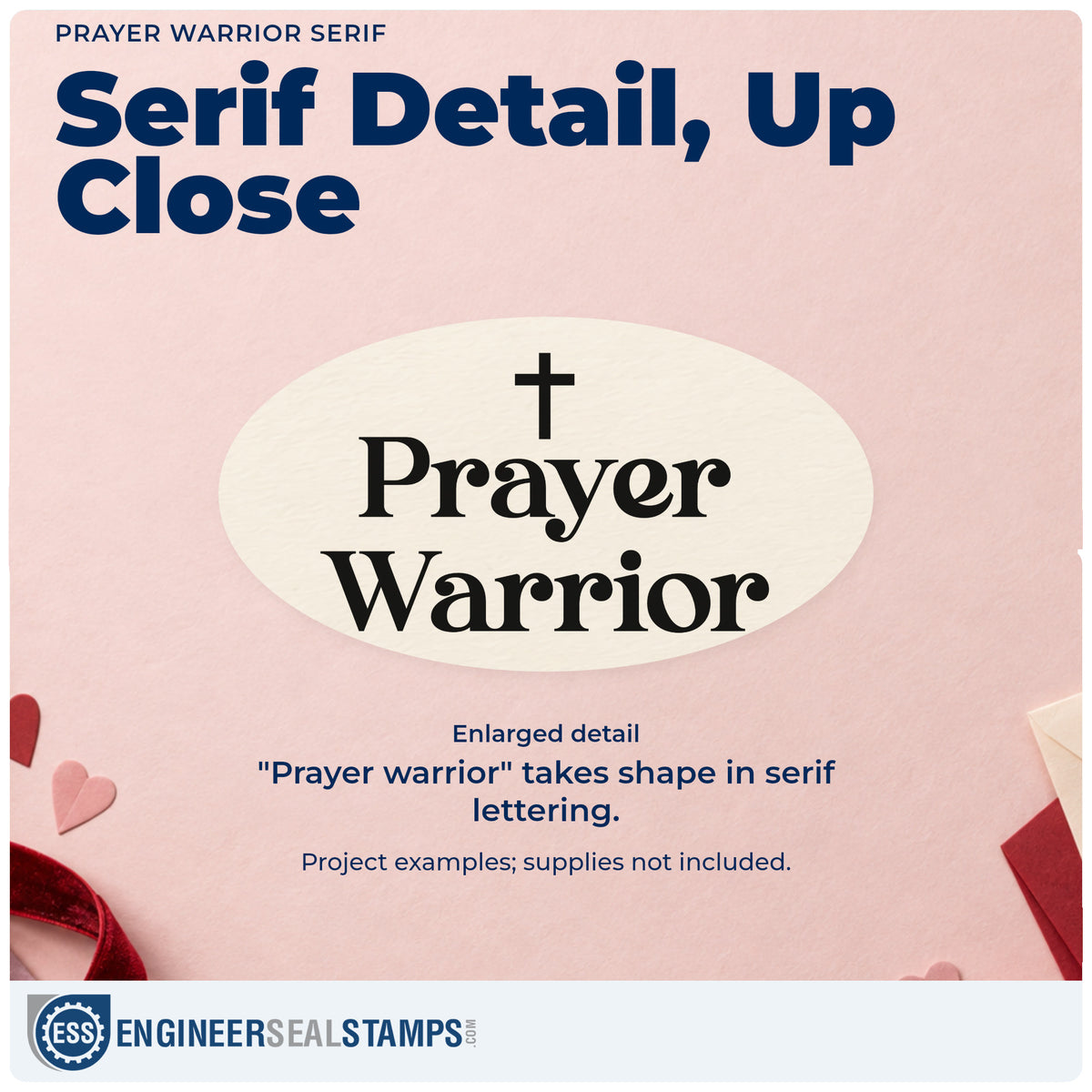 Enlarged detail of the Prayer Warrior Serif Rubber Stamp – Wood Handle imprint. A small cross appears above two lines of bold serif lettering reading "Prayer warrior."