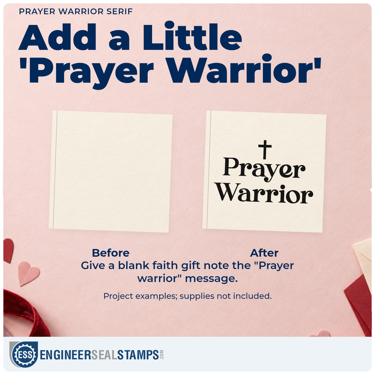 Before and after of a plain item finished with the Prayer Warrior Serif Stamp – Self-Inking, a quick upgrade for intercessor thank-yous.