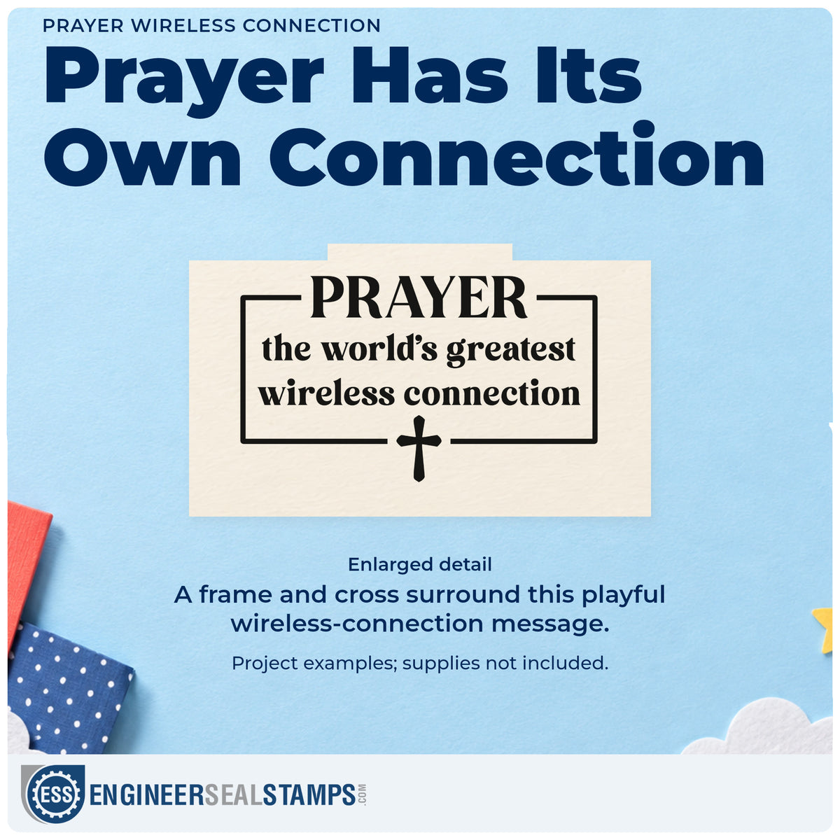 Enlarged detail of the Prayer Wireless Connection Rubber Stamp – Duo Hand imprint. A rectangular frame and small cross surround "Prayer, the world's greatest wireless connection."