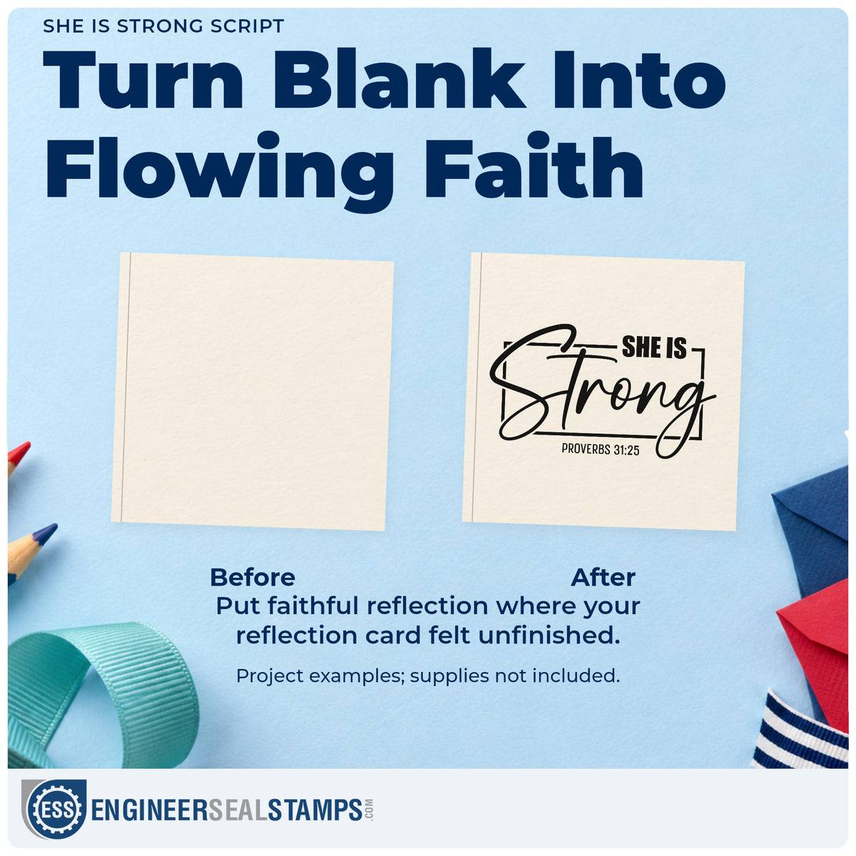 Before and after of a plain item finished with the She Is Strong Script Frame Pre-Inked Stamp – Slim, a quick upgrade for survivor gift tags.