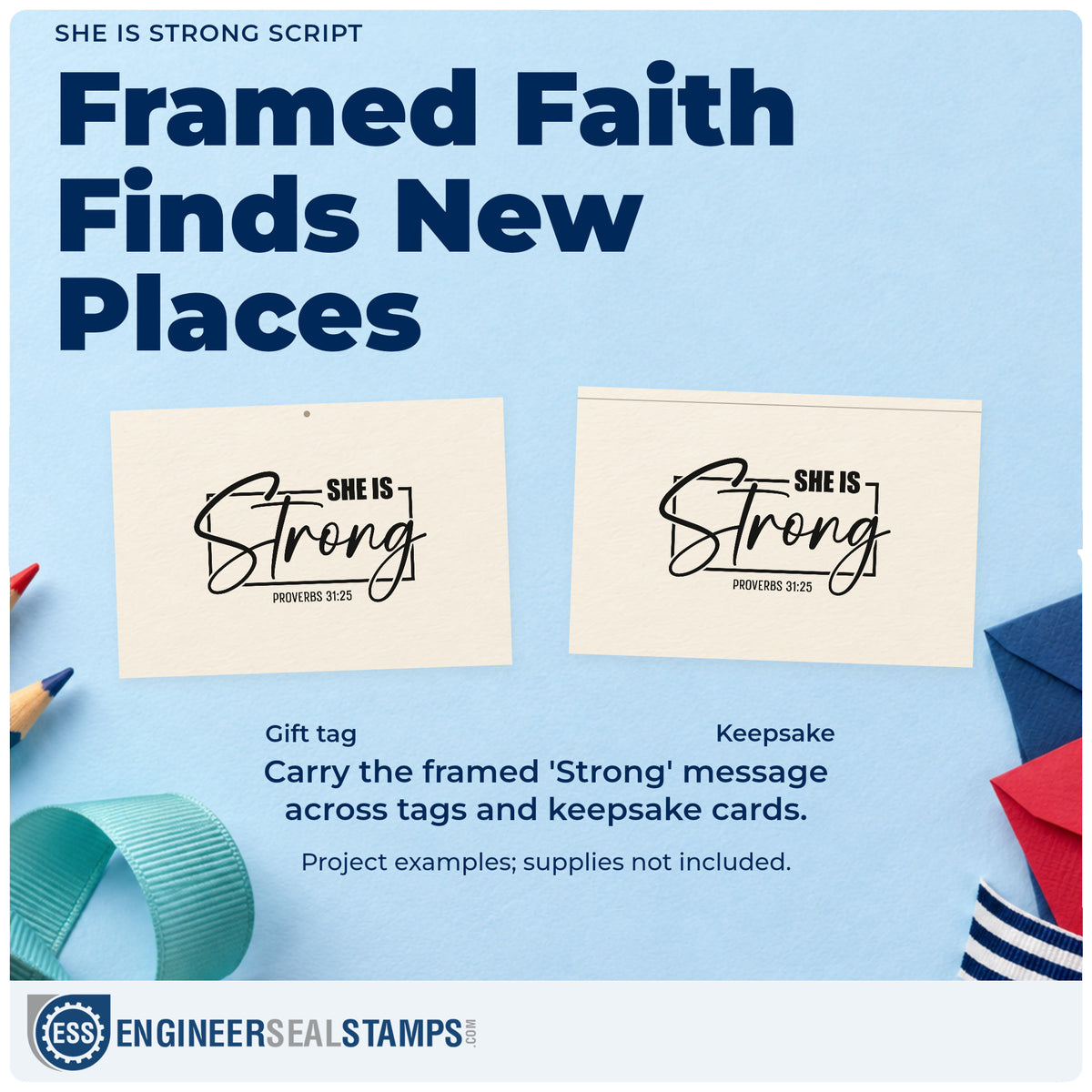 Three project examples made with the She Is Strong Script Frame Craft Stamp – Self-Inking, including tribute scrapbooks.