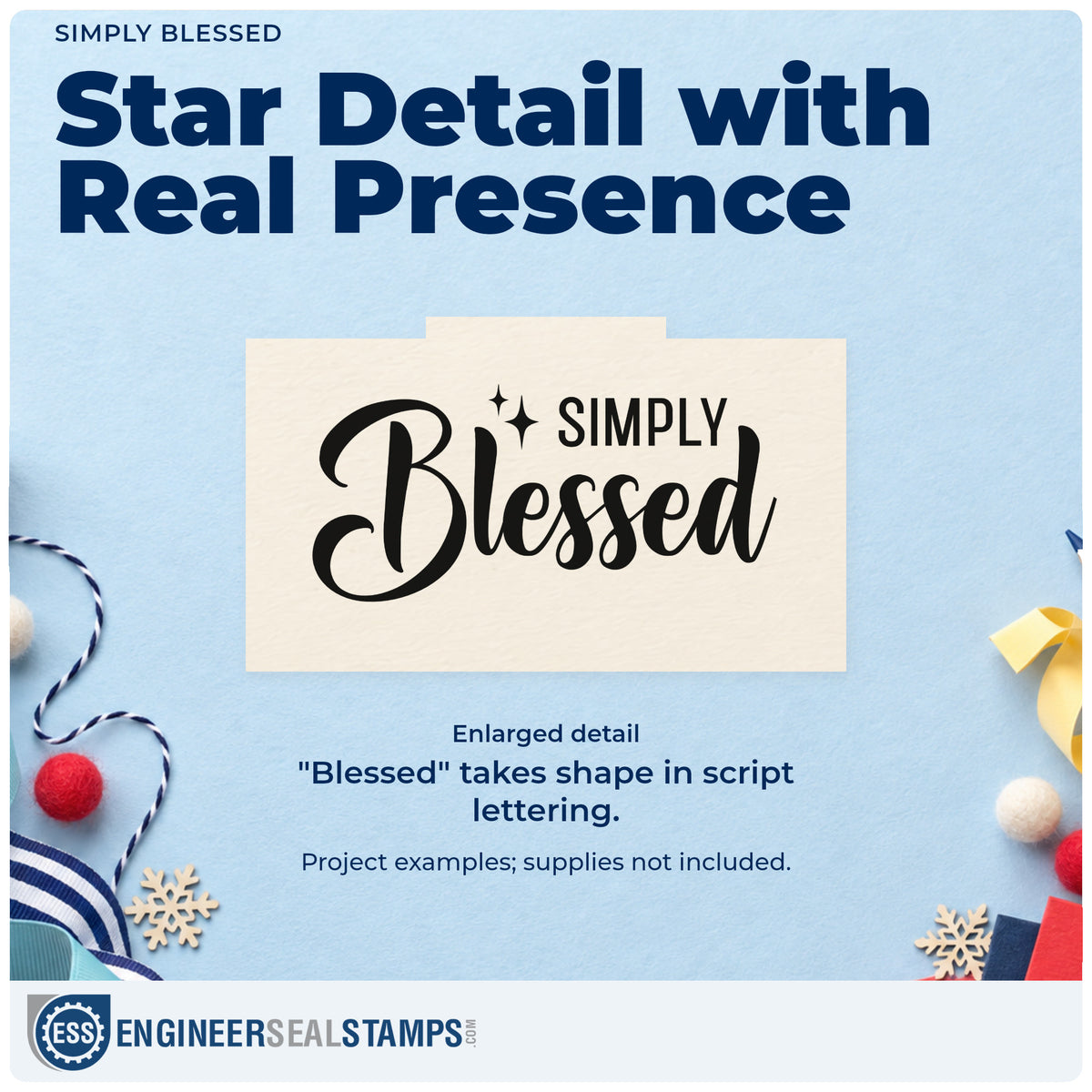 Enlarged detail of the Simply Blessed With Sparkles Rubber Stamp – Duo Hand imprint. Large "Blessed" script appears beneath small "Simply" lettering and two sparkles.