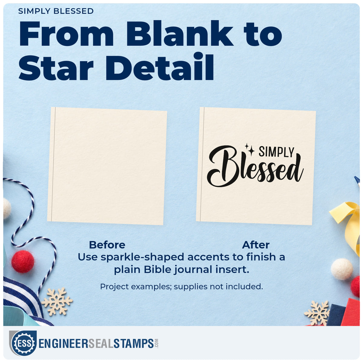 Before and after of a plain item finished with the Simply Blessed With Sparkles Self-Inking Stamp, a quick upgrade for gift wrap pattern.