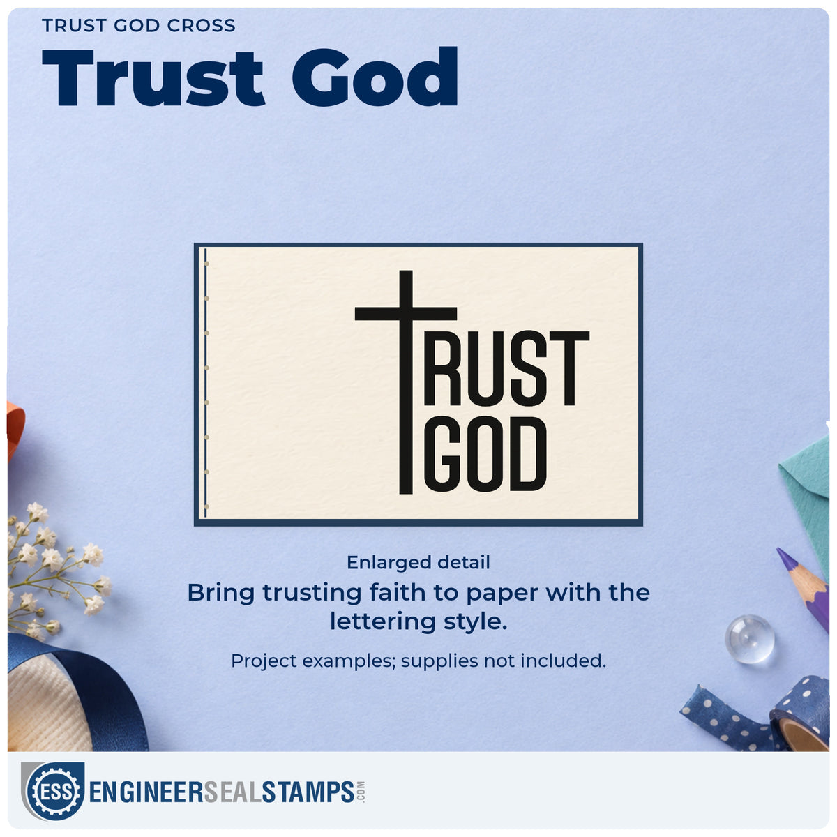 Enlarged detail of the Trust God Cross Rubber Stamp – Wood Handle imprint. A tall cross forms the left edge of stacked "Trust God" lettering.