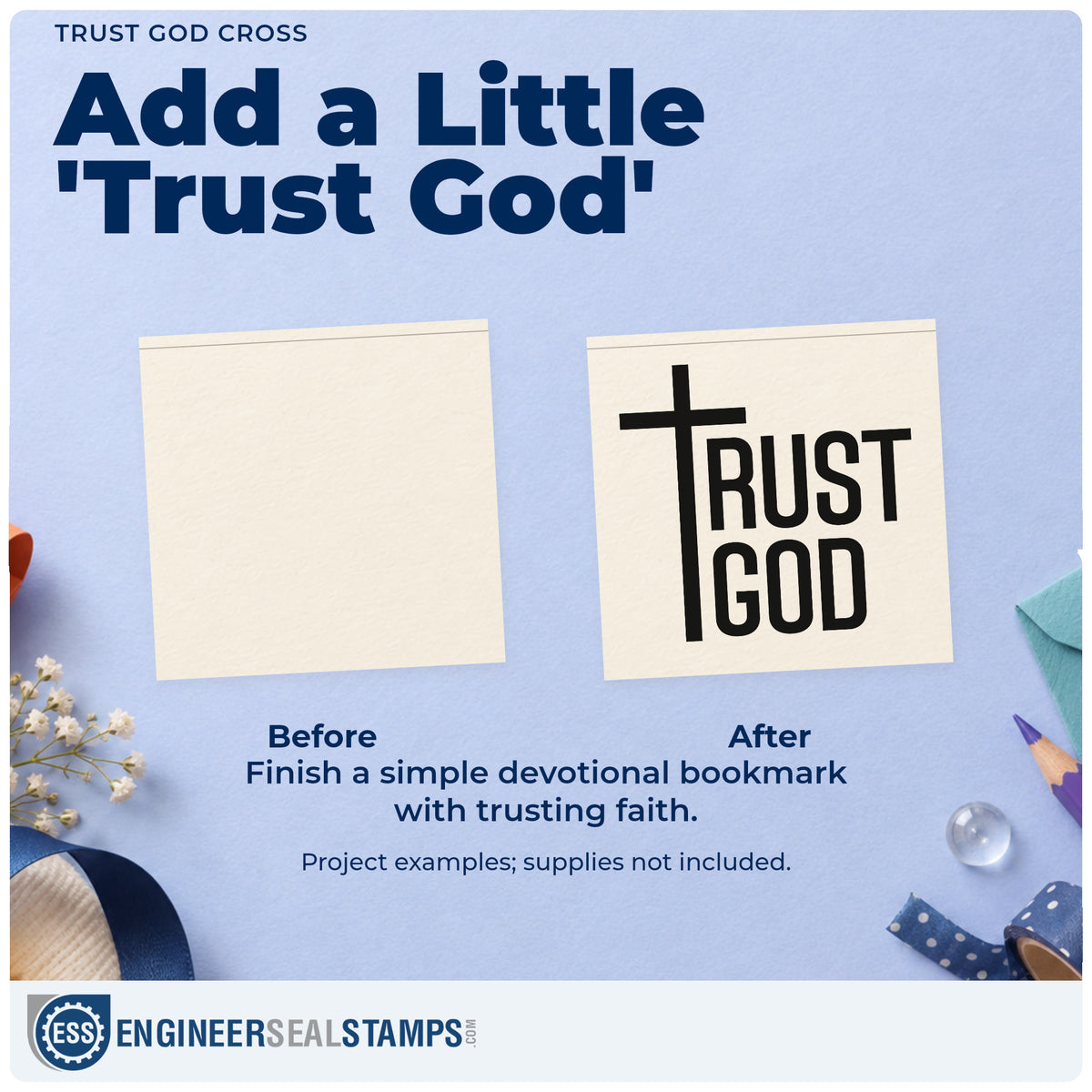 Before and after of a plain item finished with the Trust God Cross Duo Hand Stamp, a quick upgrade for door frame signs.