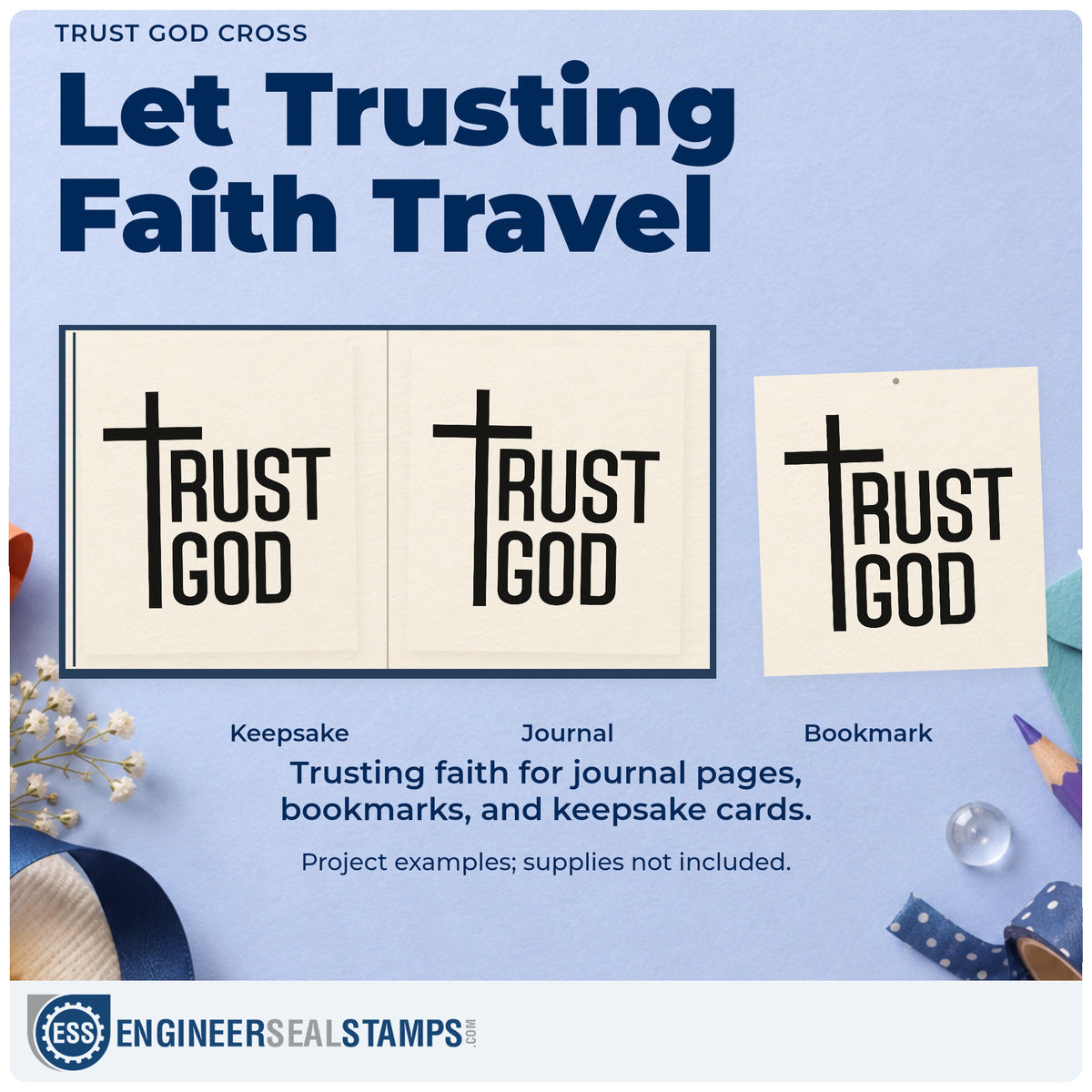 Three project examples made with the Trust God Cross Stamp – Self-Inking, including big decision pages.