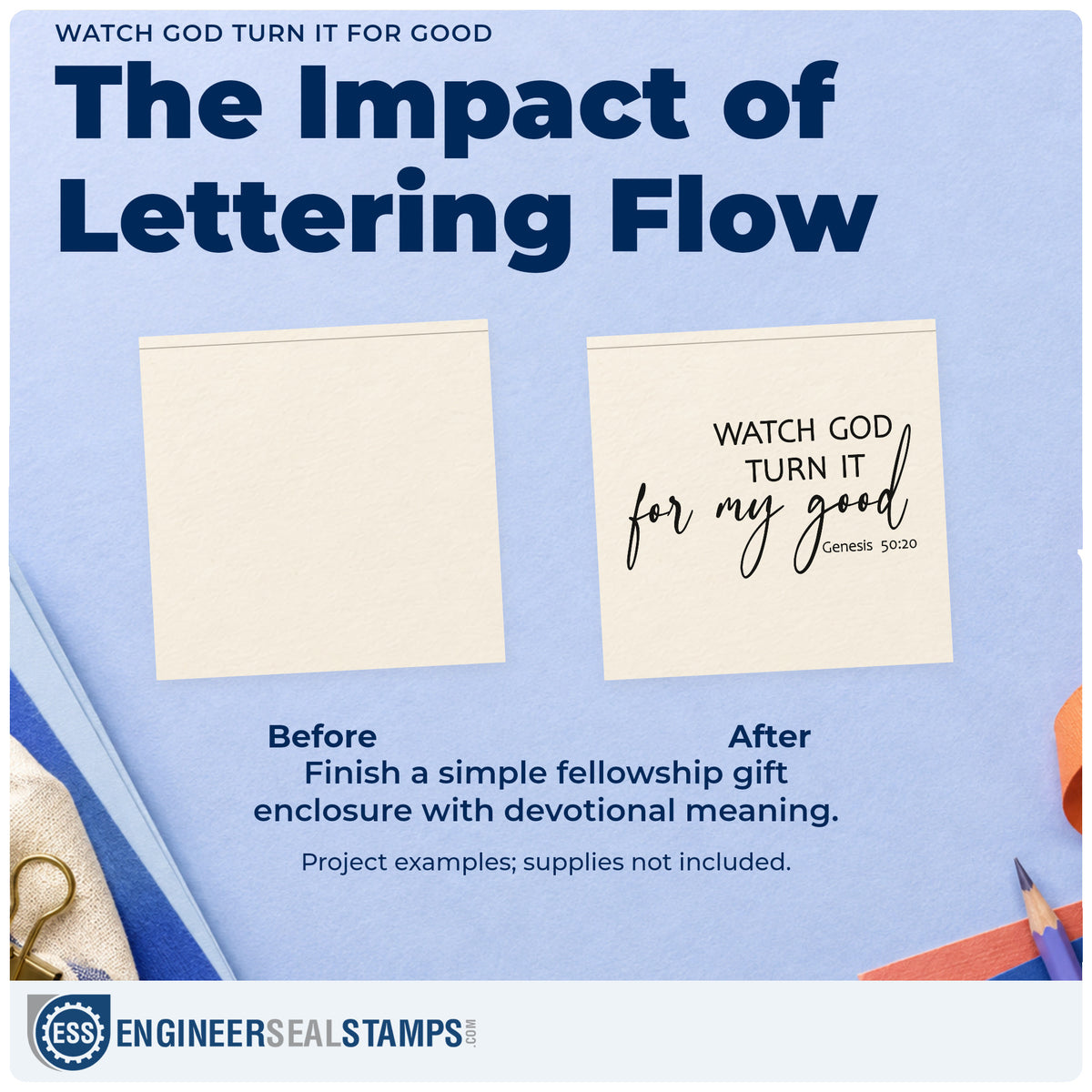 Before and after of a plain item finished with the Watch God Turn It For My Good Hand Stamp – Duo, a quick upgrade for study handouts.