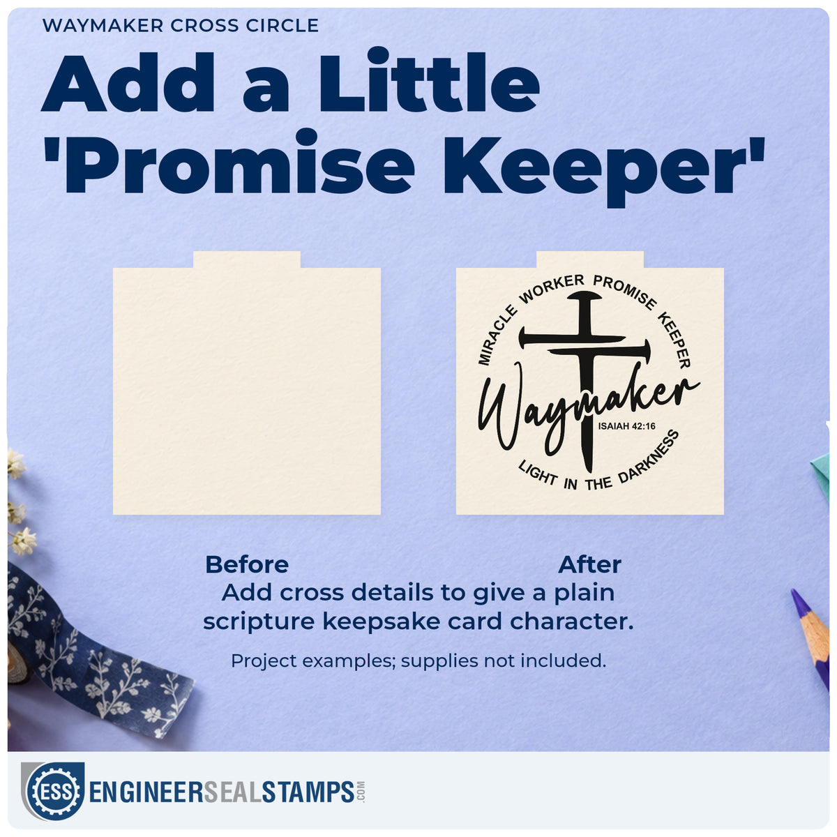 Before and after of a plain item finished with the Wood Handle Three-Nail Cross With Waymaker Script Rubber Stamp, a quick upgrade for men's retreat tags.