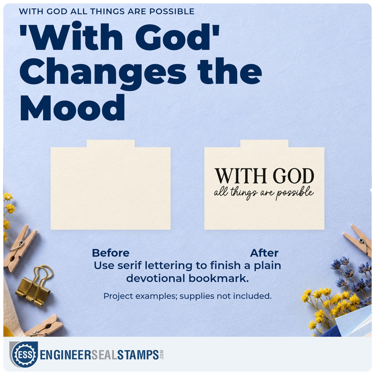 Before and after of a plain item finished with the With God All Things Are Possible Serif Lettering Stamp – PSI Pre-Inked, a quick upgrade for fertility journey notes.