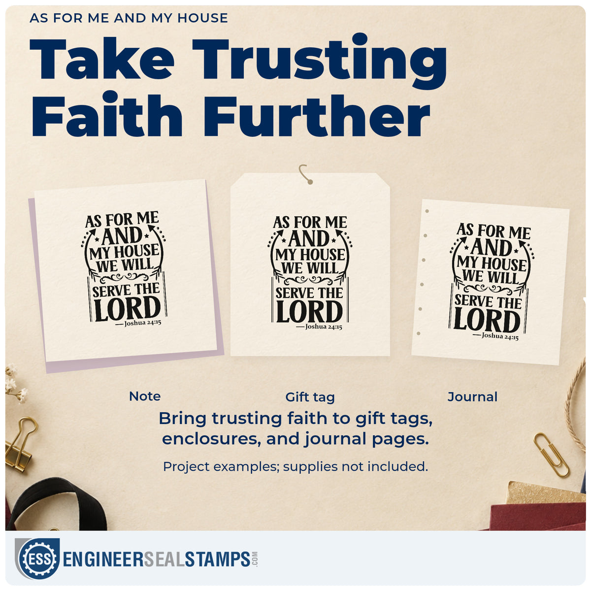 Three project examples made with the As For Me And My House, We Will Serve The Lord PSI Pre-Inked Stamp, including family photo pages.