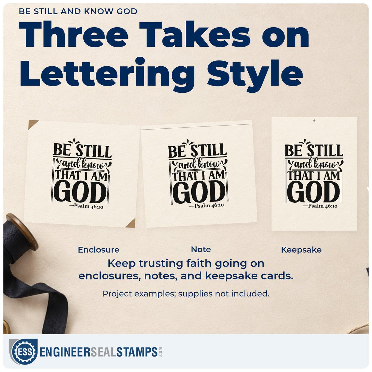Three project examples made with the Be Still And Know God Wood Handle Stamp, including quiet season pages.