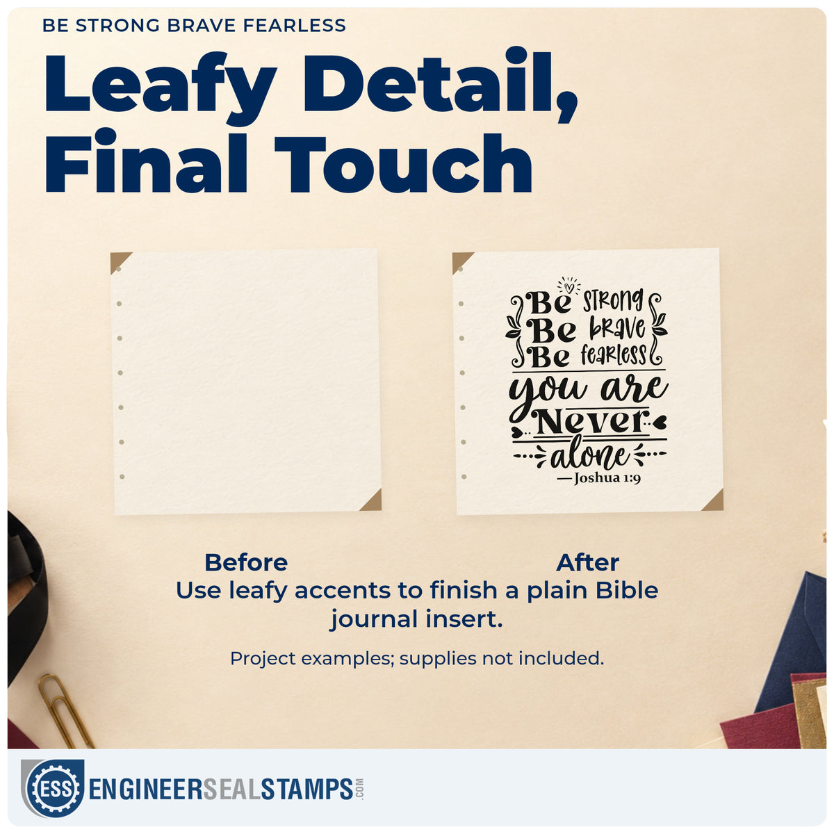 Before and after of a plain item finished with the Vintage Pro Be Strong, Be Brave, Be Fearless, You Are Never Alone Premium Wooden Stamp, a quick upgrade for surgery care kits.