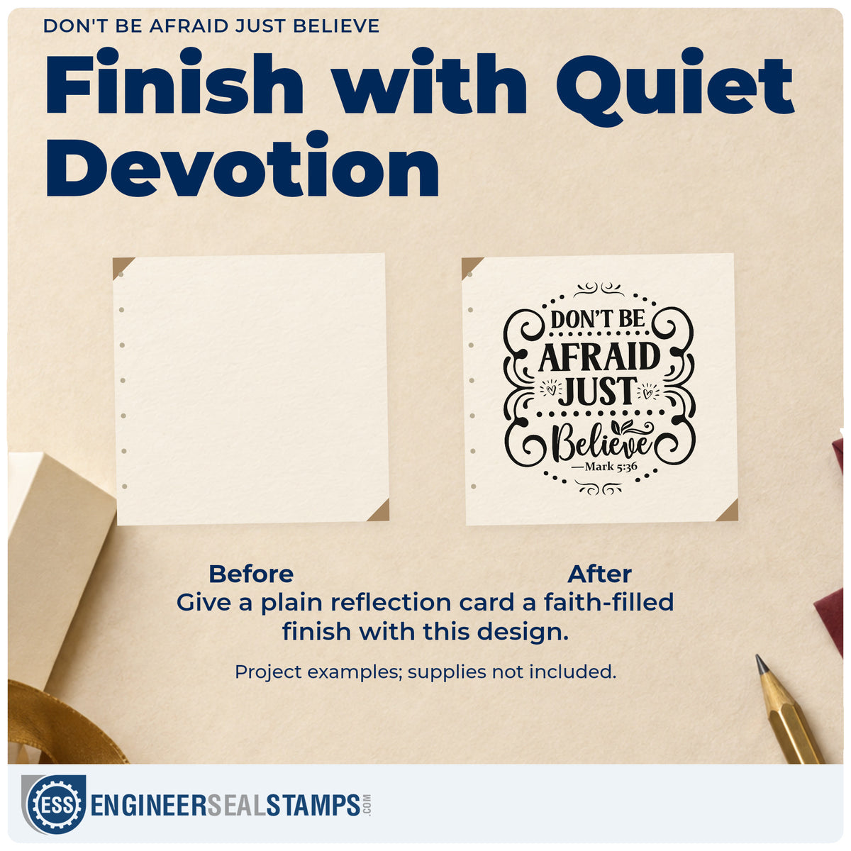 Before and after of a plain item finished with the Don't Be Afraid, Just Believe With Hearts Self-Inking Stamp, a quick upgrade for kids' nightlight crafts.