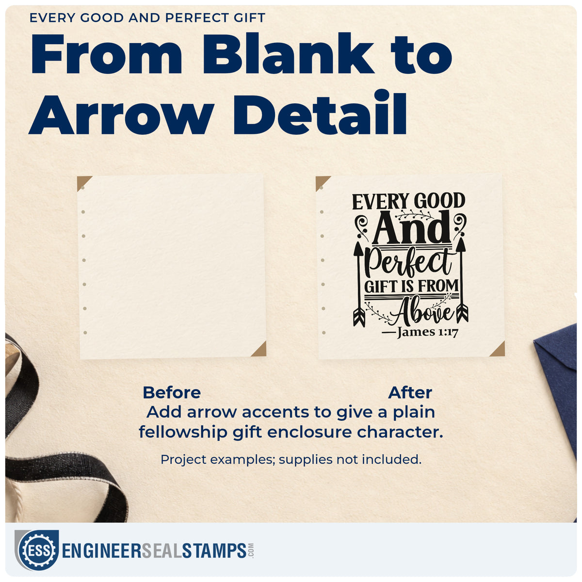 Before and after of a plain item finished with the Every Good And Perfect Gift Is From Above Premium Wood-Mounted Stamp - Vintage Pro, a quick upgrade for thanksgiving cards.