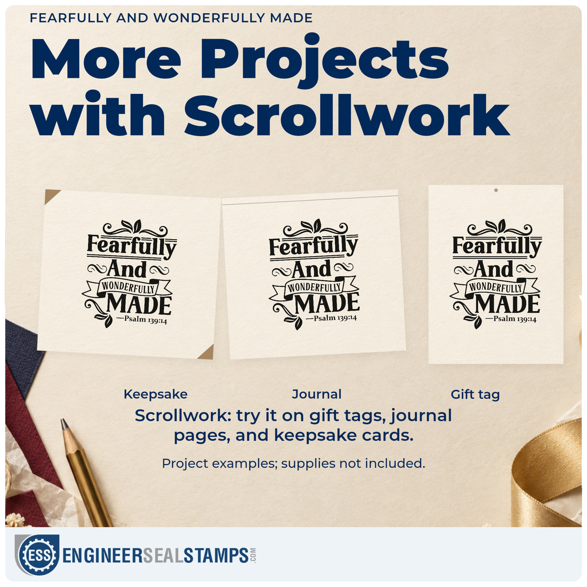 Three project examples made with the Fearfully And Wonderfully Made Leaf Accents Self-Inking Craft Stamp, including baby book openers.