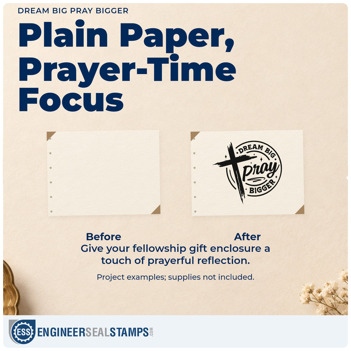 Before and after of a plain item finished with the Dream Big Pray Bigger Premium Wooden Stamp - Vintage Pro, a quick upgrade for canvas totes.