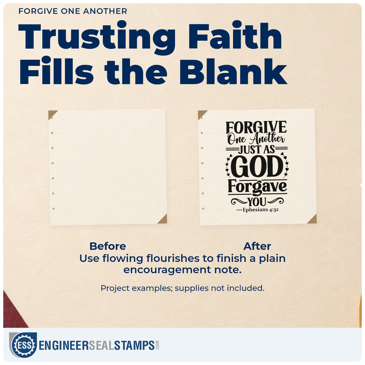 Before and after of a plain item finished with the Self-Inking Forgive One Another Stamp, a quick upgrade for sunday school lessons.