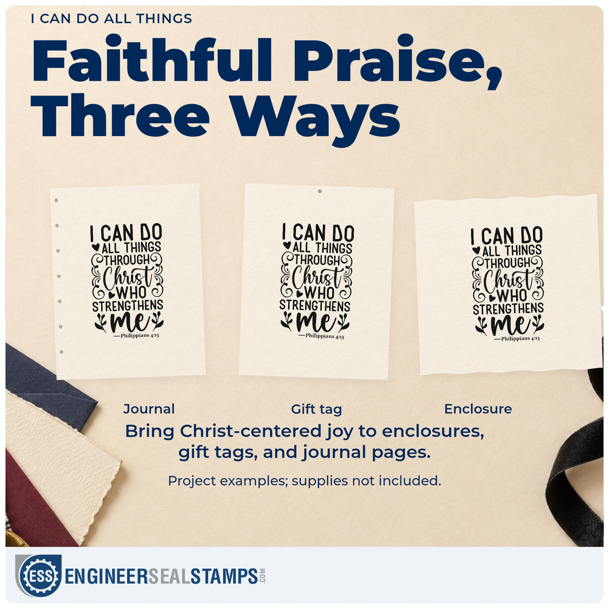 Three project examples made with the I Can Do All Things Through Christ Who Strengthens Me Stamp – Self-Inking, including achievement pages.
