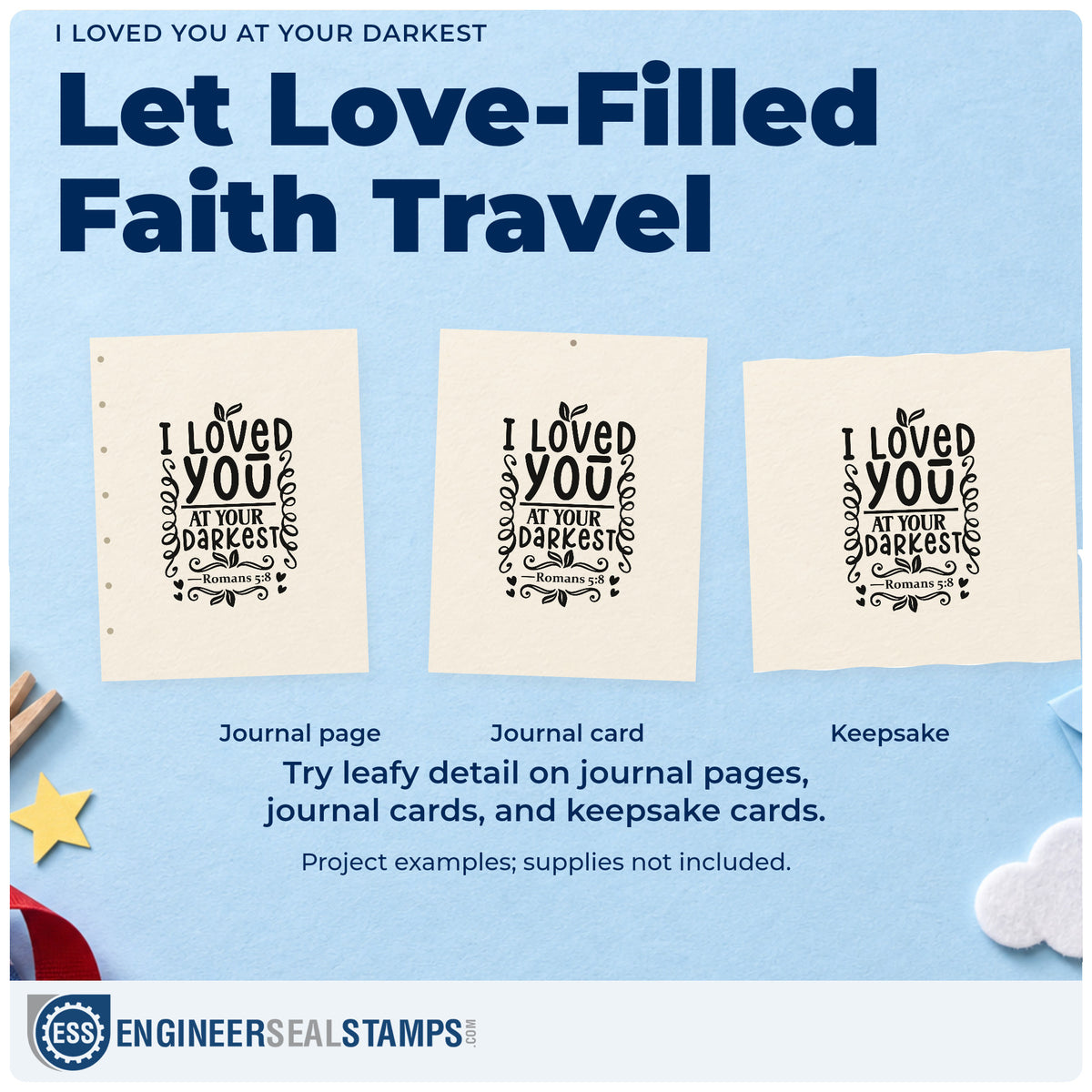 Three project examples made with the I Loved You At Your Darkest Leaf Accents Self-Inking Stamp, including redemption pages.