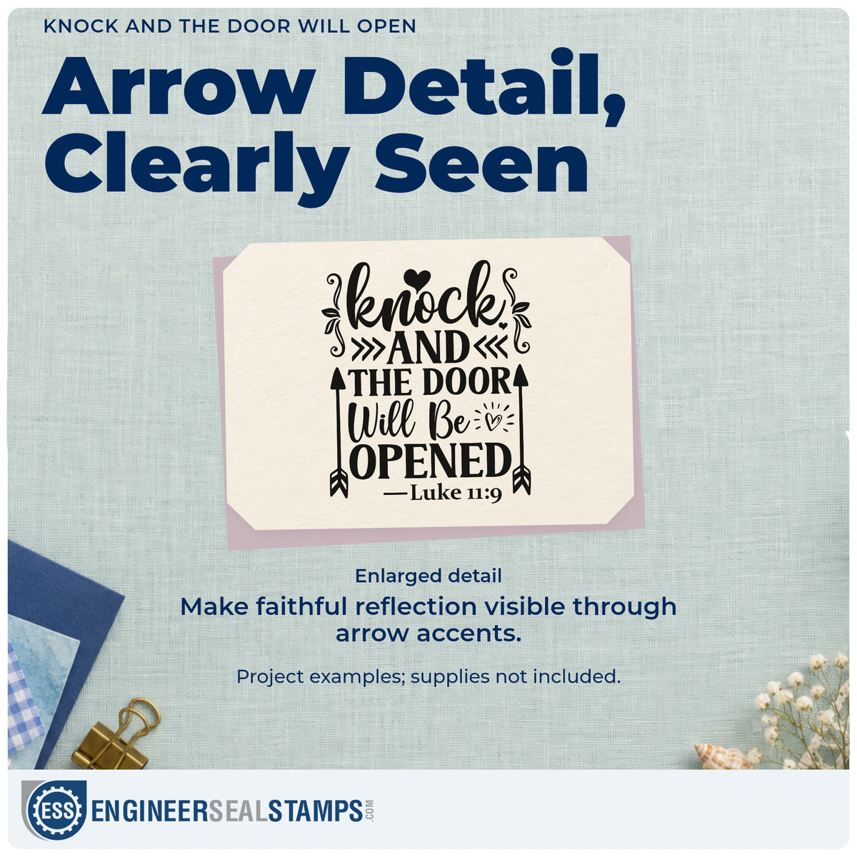 Enlarged detail of the Vintage Pro Knock And The Door Will Open Premium Wooden Stamp imprint. Arrows, leaves, and hearts frame "Knock and the door will be opened," with Luke 11:9.
