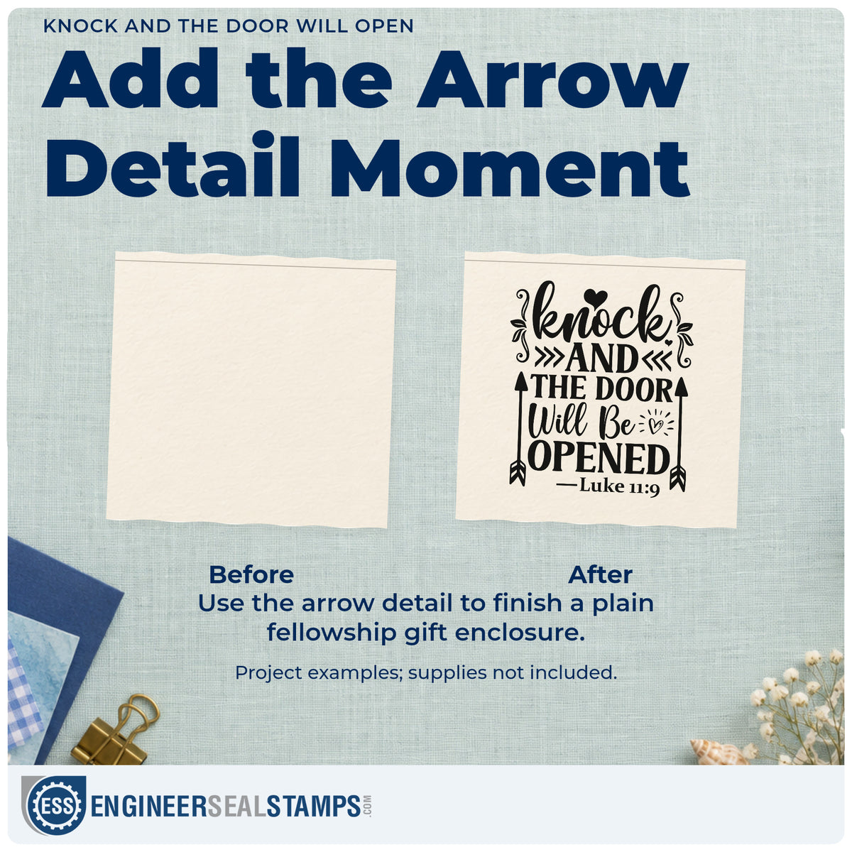 Before and after of a plain item finished with the Knock And The Door Will Open Stamp – Self-Inking, a quick upgrade for canvas totes.