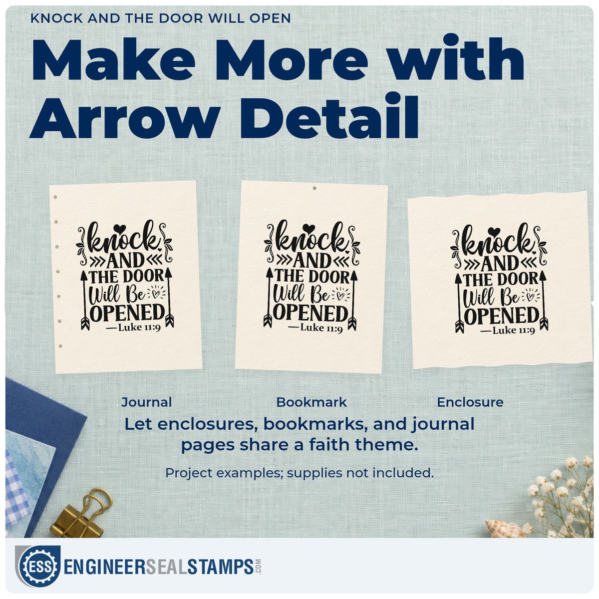 Three project examples made with the Knock And The Door Will Open Stamp – Self-Inking, including new opportunity pages.